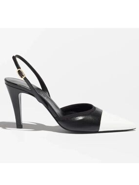 Chanel 26P Black White CC Logo Cap Pointed Toe Slingback Mule Heel Pump 39.5